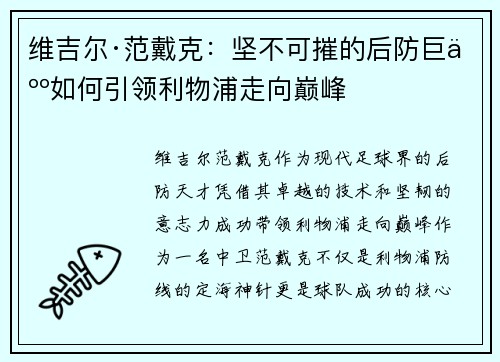 维吉尔·范戴克:坚不可摧的后防巨人如何引领利物浦走向巅峰 维吉尔·范戴克:坚不可摧的后防巨人如何引领利物浦走向巅峰