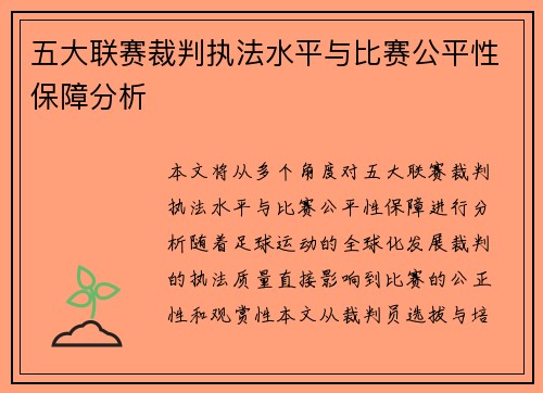 五大联赛裁判执法水平与比赛公平性保障分析 五大联赛裁判执法水平与比赛公平性保障分析