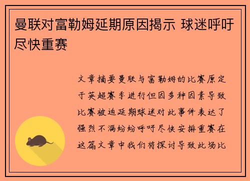 曼联对富勒姆延期原因揭示 球迷呼吁尽快重赛